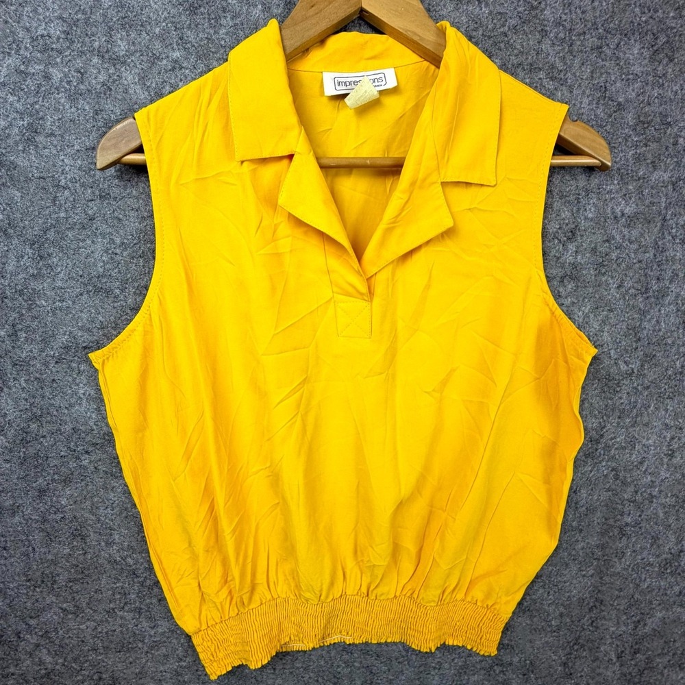 Vintage‎ Impressions Blouse Top Womens Large Yellow Rayon Camp Collar Sleeveless